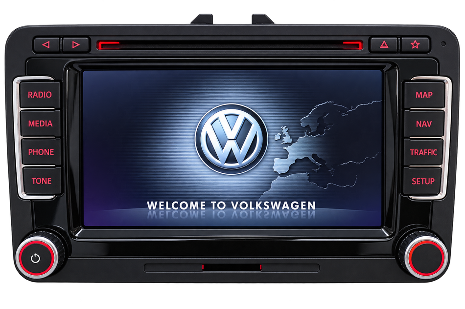 VW RNS 510 Navigationssystem, ovale Bauform, Frontansicht mit Startbildschirm