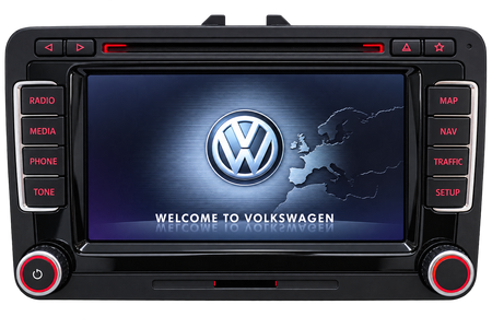 VW RNS 510 Navigationssystem, ovale Bauform, Frontansicht mit Startbildschirm